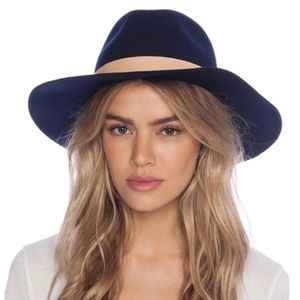 JANESSA LEONE "Amelia" Fedora Hat, Navy Wool, Tan Leather. Orig $180!